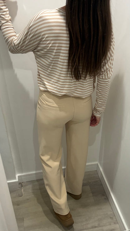 CREAM TAILORED STRETCHY SMART PULL-ON TROUSERS