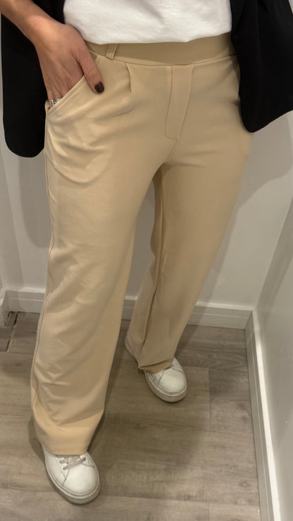 CREAM TAILORED STRETCHY SMART PULL-ON TROUSERS