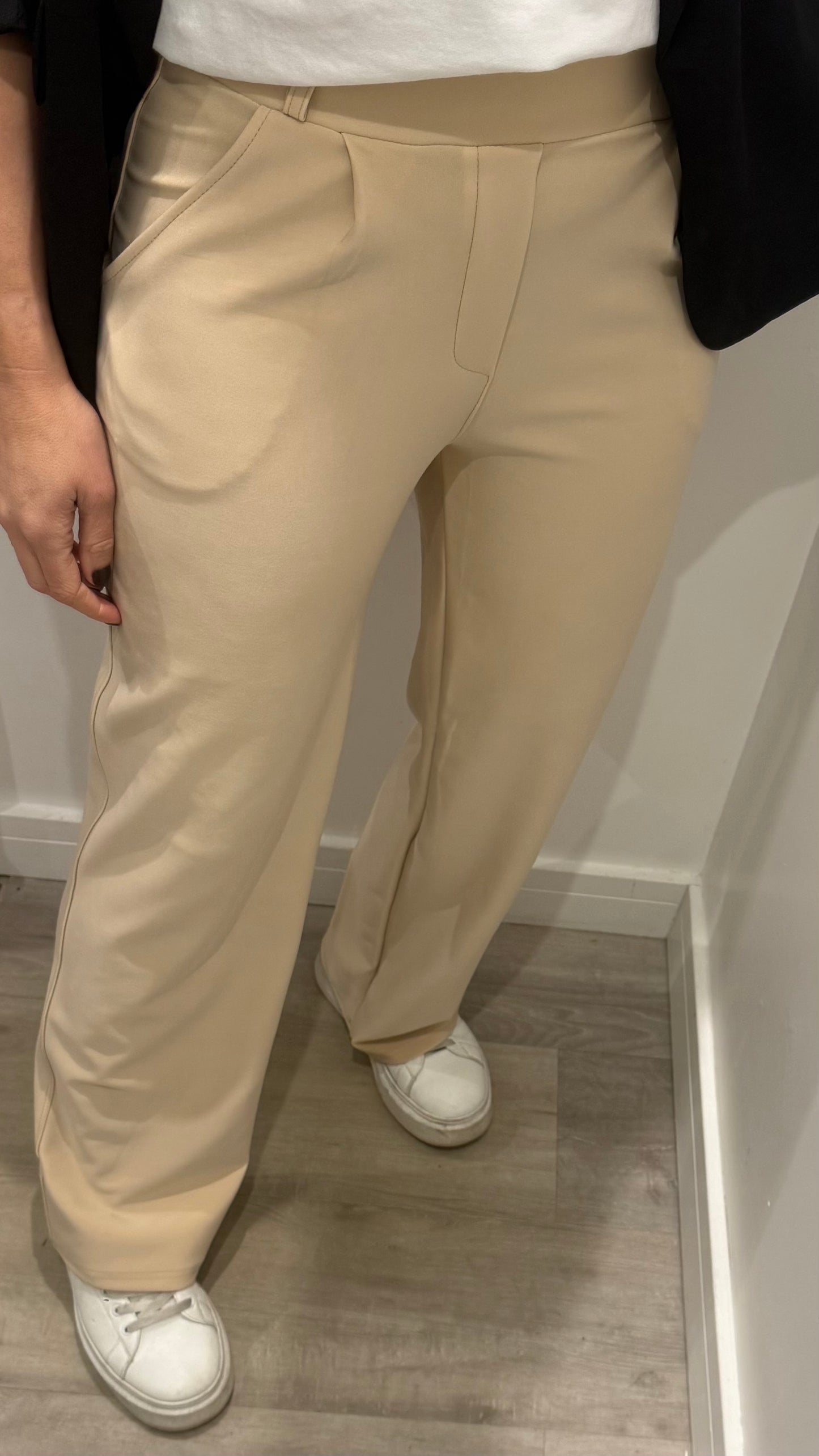 CREAM TAILORED STRETCHY SMART PULL-ON TROUSERS