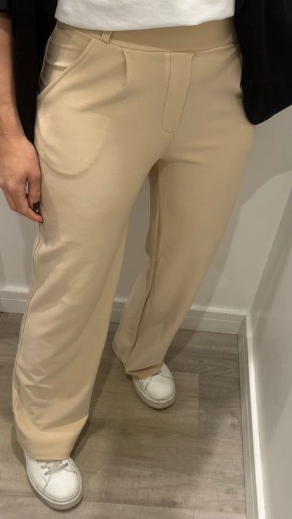 CREAM TAILORED STRETCHY SMART PULL-ON TROUSERS