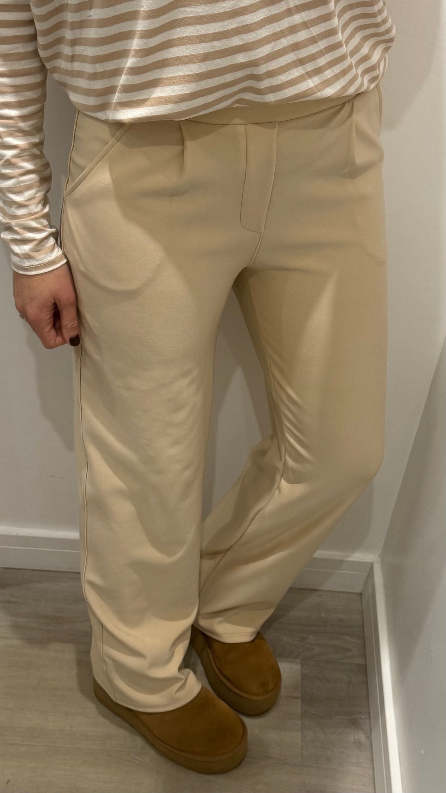 CREAM TAILORED STRETCHY SMART PULL-ON TROUSERS