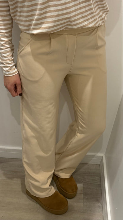 CREAM TAILORED STRETCHY SMART PULL-ON TROUSERS
