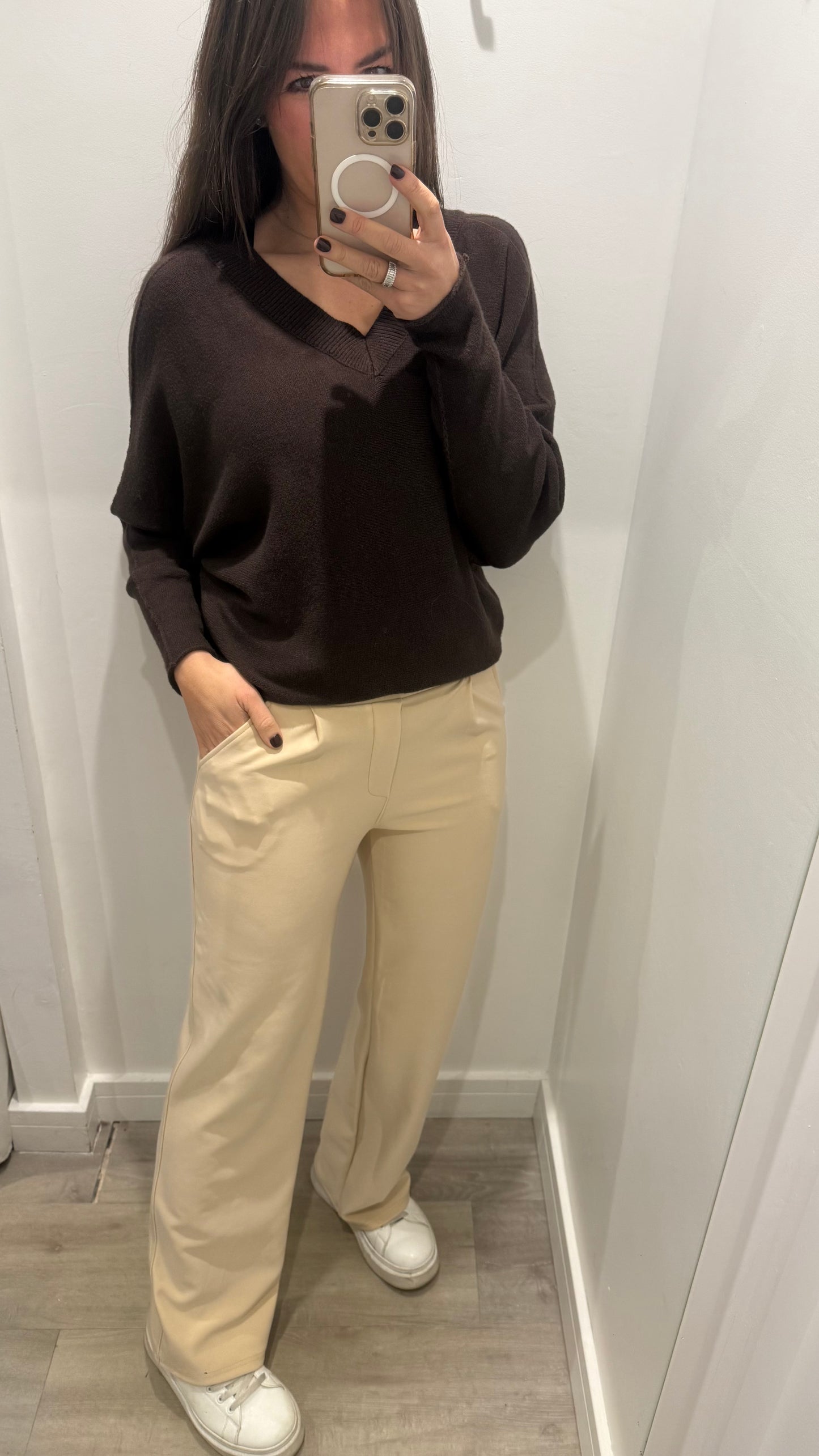 CREAM TAILORED STRETCHY SMART PULL-ON TROUSERS