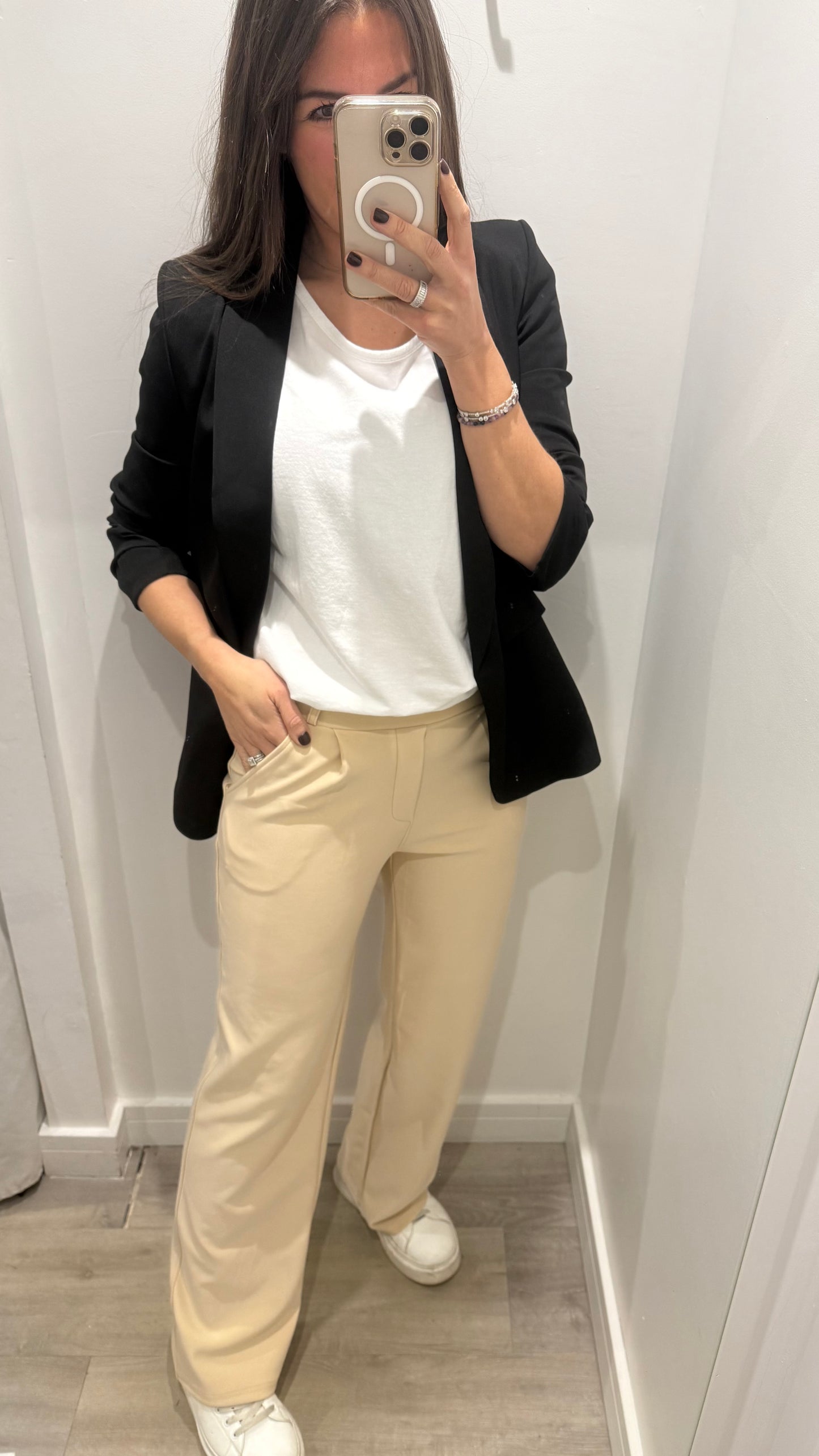 CREAM TAILORED STRETCHY SMART PULL-ON TROUSERS