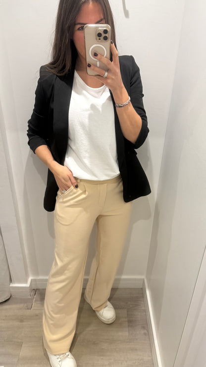 CREAM TAILORED STRETCHY SMART PULL-ON TROUSERS