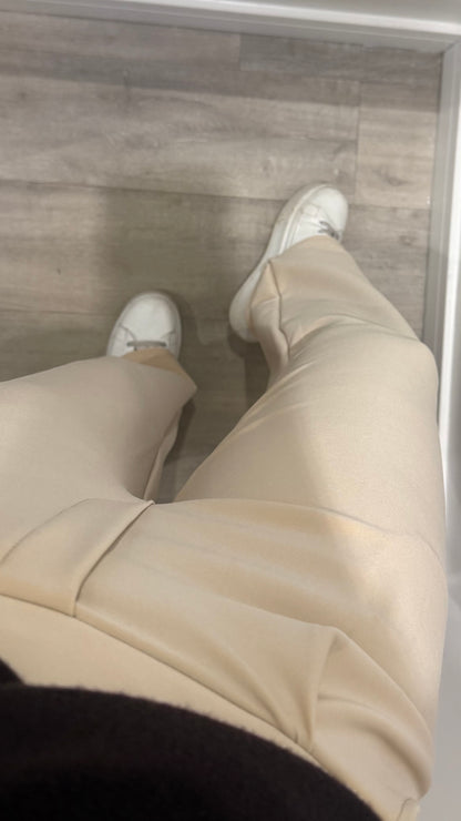 CREAM TAILORED STRETCHY SMART PULL-ON TROUSERS