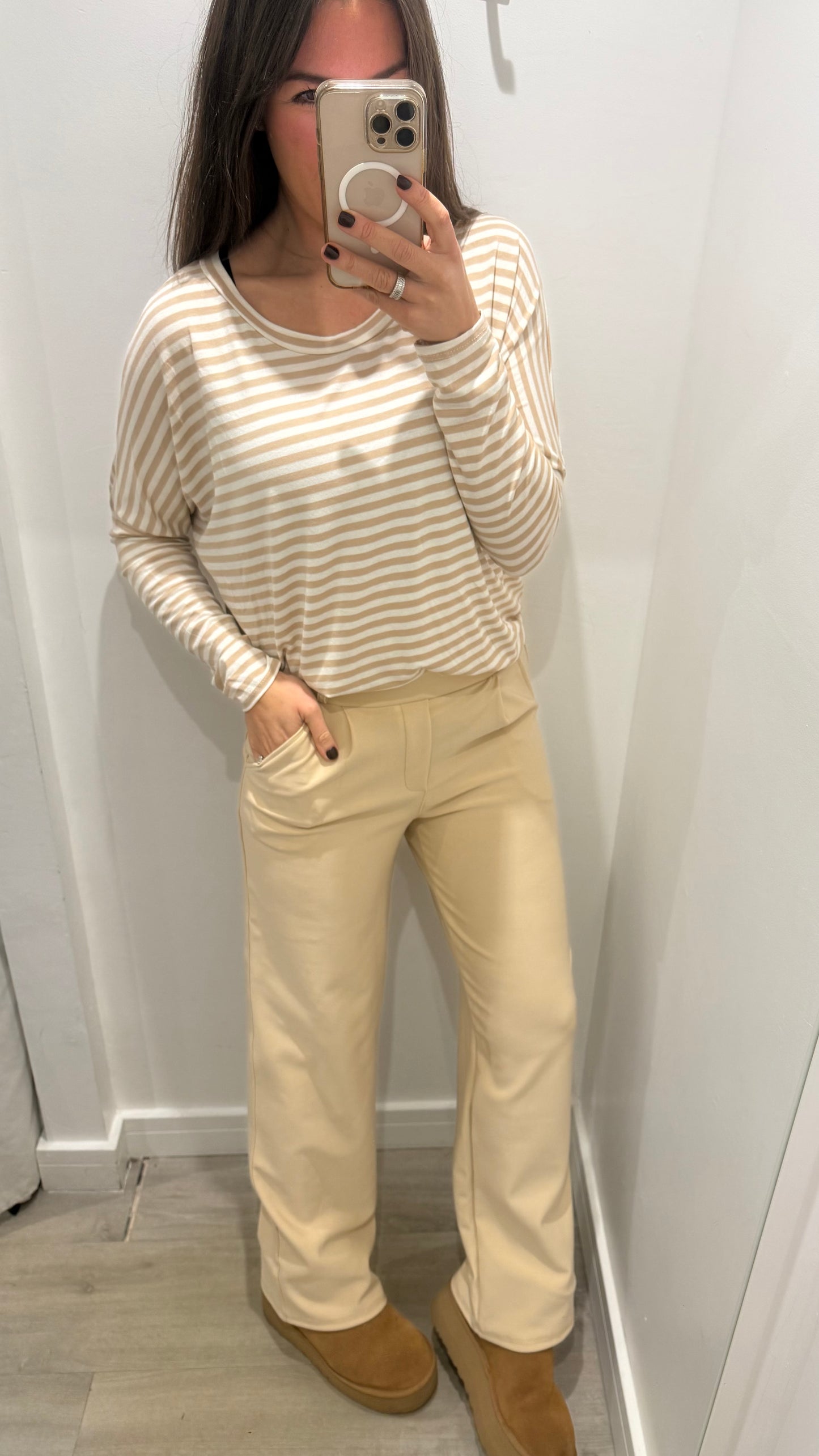 CREAM TAILORED STRETCHY SMART PULL-ON TROUSERS