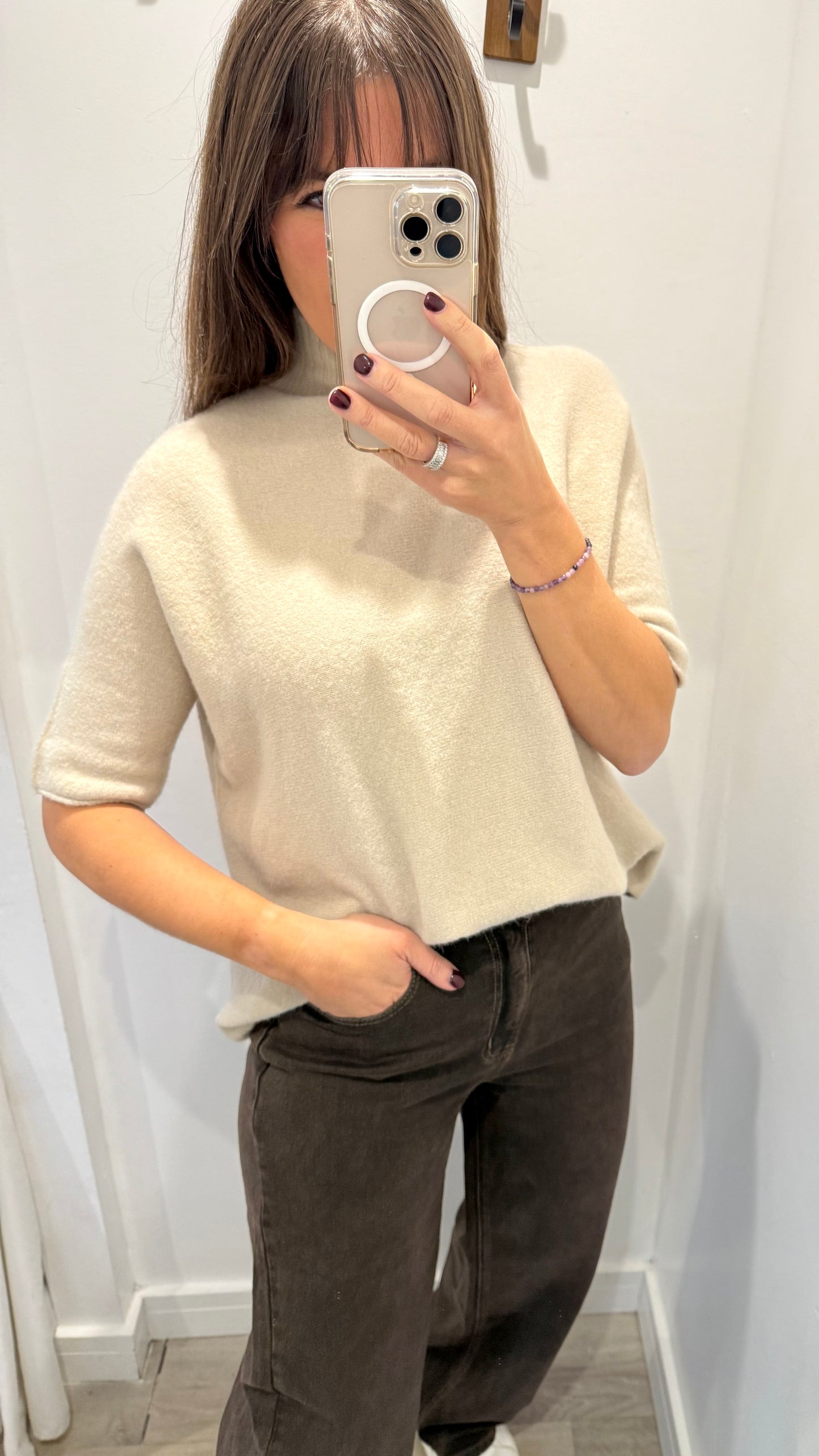 CREAM TURTLE NECK SHORT SLEEVE FINE KNIT JUMPER