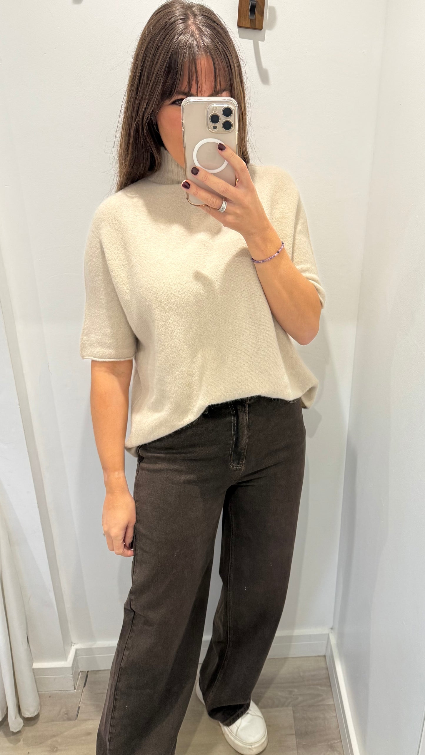 CREAM TURTLE NECK SHORT SLEEVE FINE KNIT JUMPER