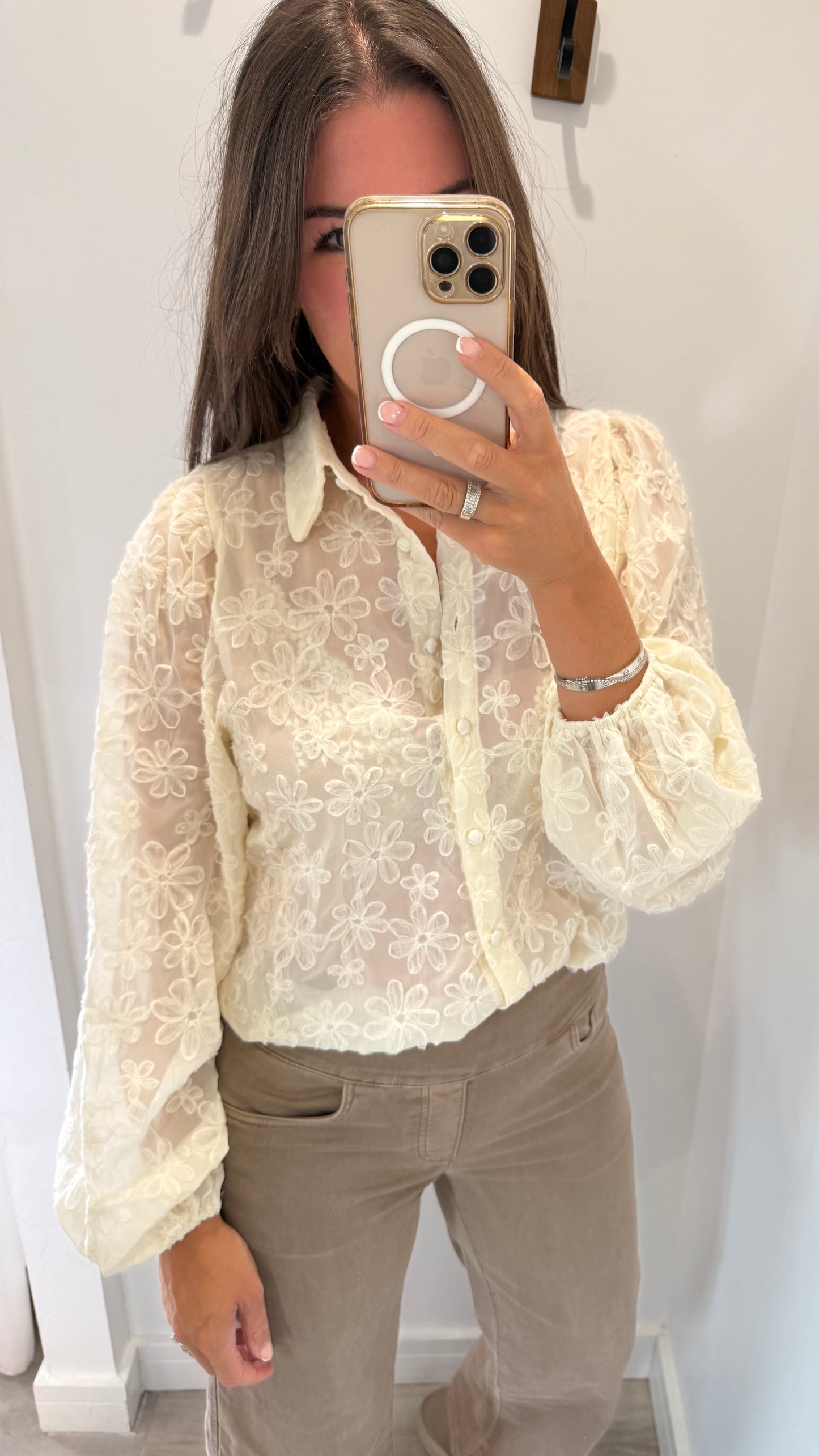 CREAM APPLIQUÉ FLORAL SHEER BLOUSE