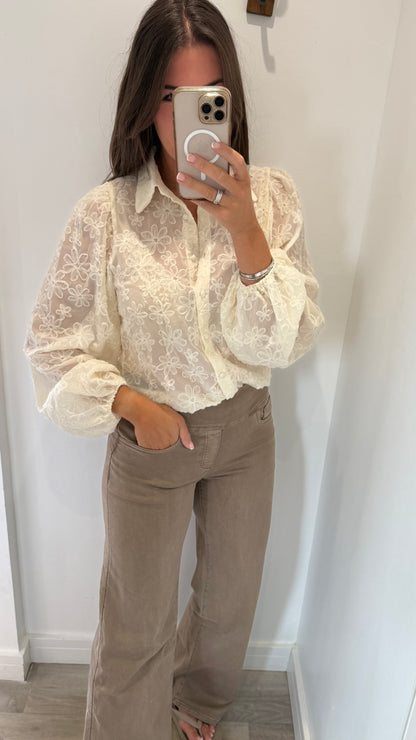 CREAM APPLIQUÉ FLORAL SHEER BLOUSE