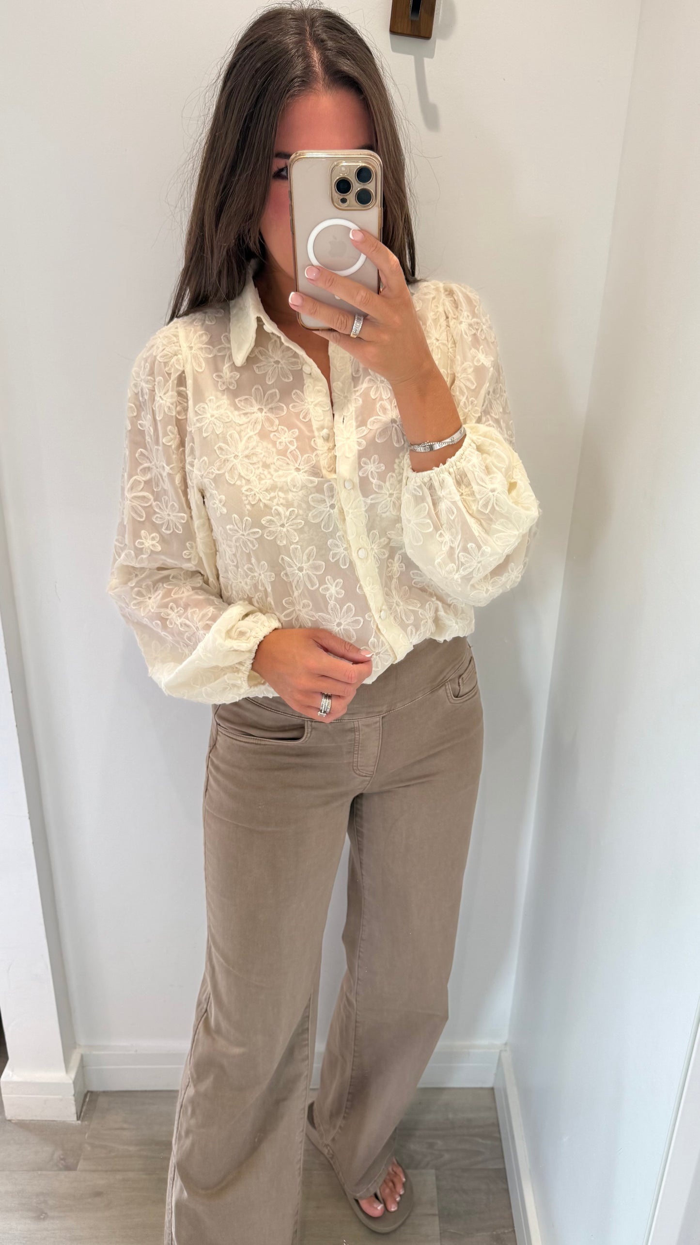 CREAM APPLIQUÉ FLORAL SHEER BLOUSE