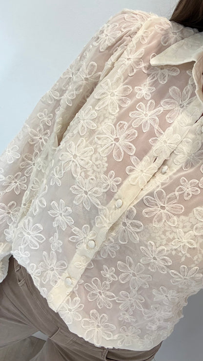 CREAM APPLIQUÉ FLORAL SHEER BLOUSE