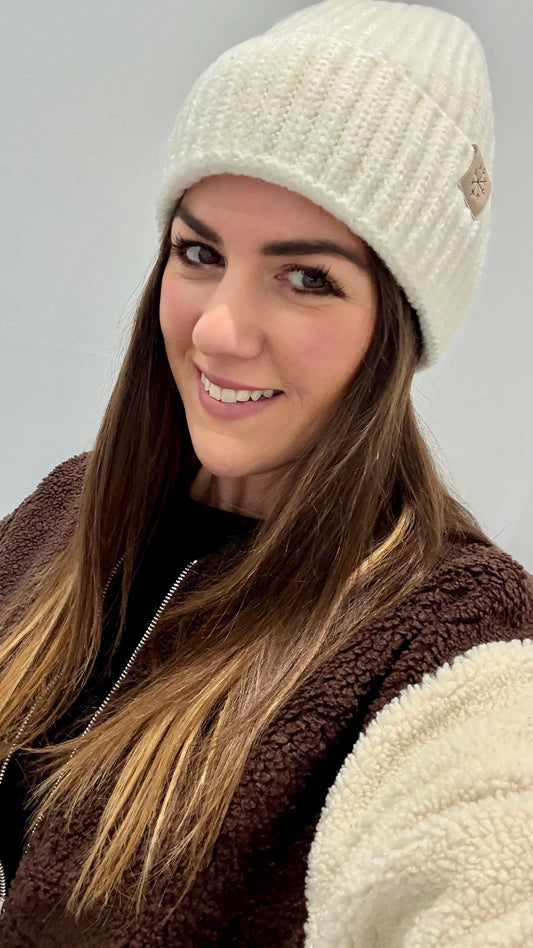 CREAM FLEECE LINED KNITTED BEANIE HAT