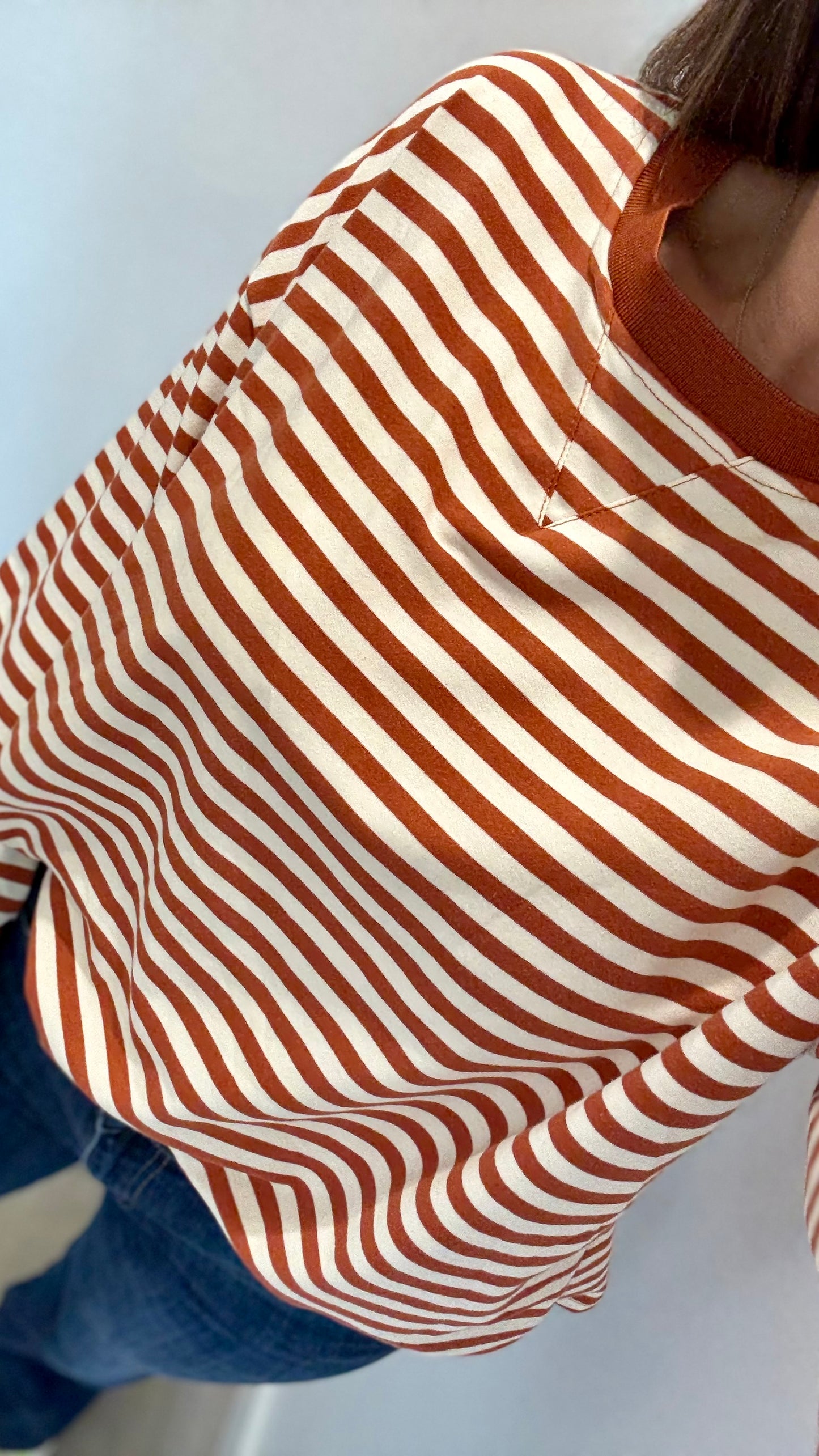 RUST AND CREAM STRIPE CREW SWEAT TOP
