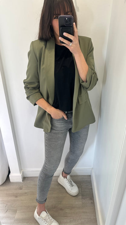 KHAKI RUCHED SLEEVE BLAZER