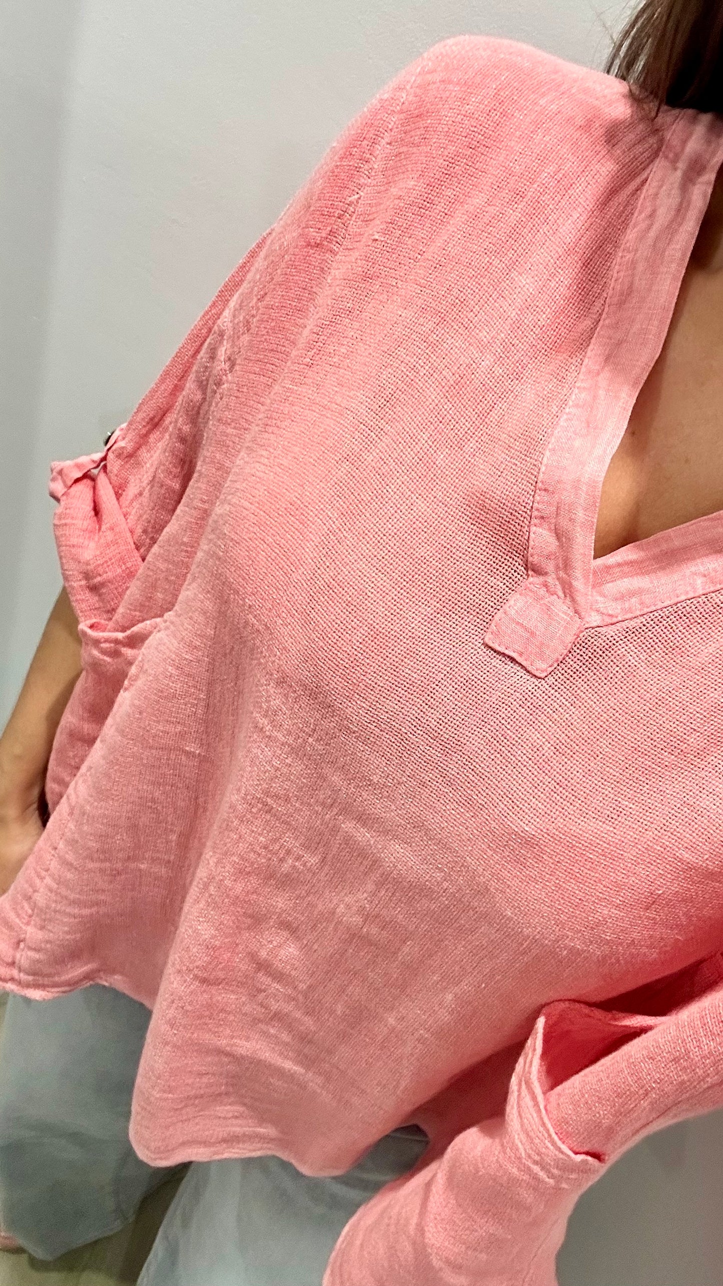 CORAL LINEN MIX V NECK TEABAG TOP