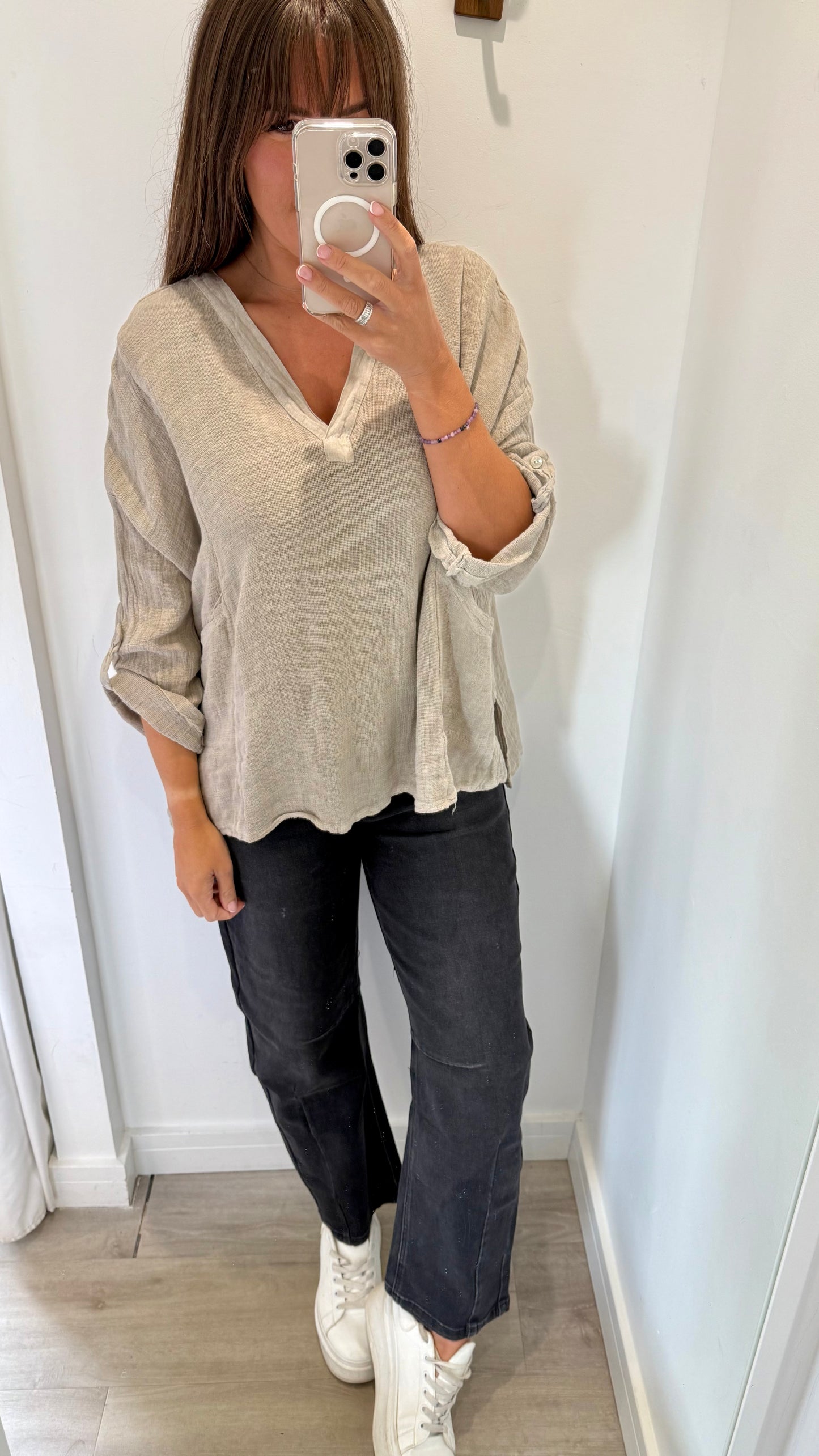STONE LINEN MIX V NECK TEABAG TOP