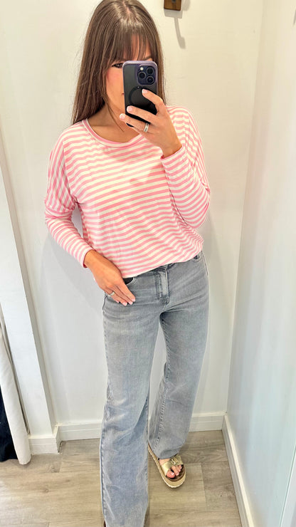 PINK AND WHITE BRETON STRIPE BATWING TOP