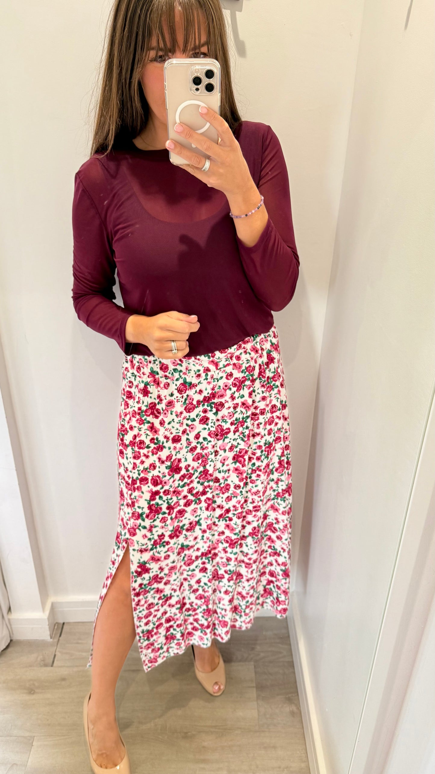 FLORAL PRINT MIDI SKIRT - WHITE WITH GREEN AND PINK