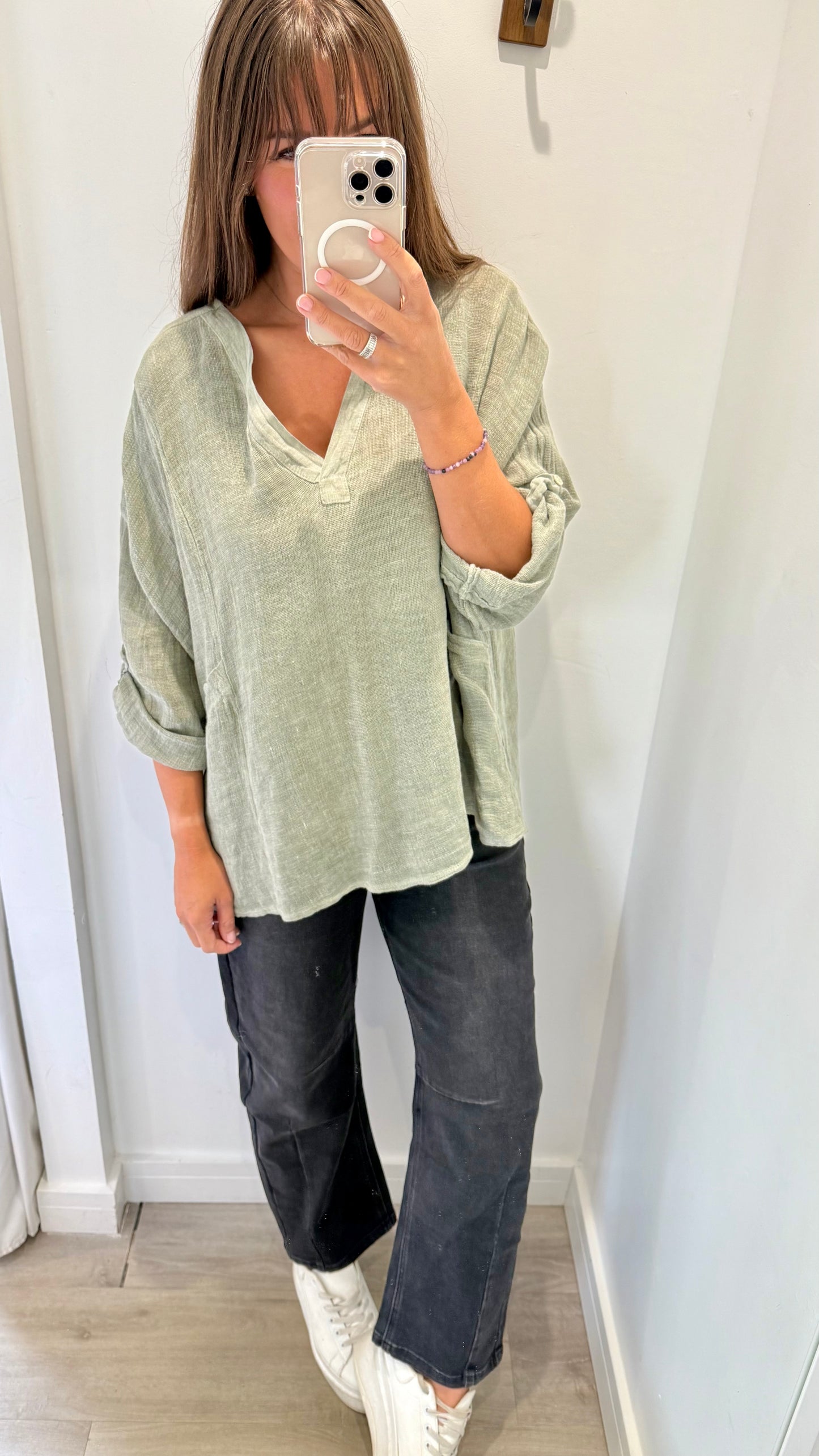 KHAKI LINEN MIX V NECK TEABAG TOP