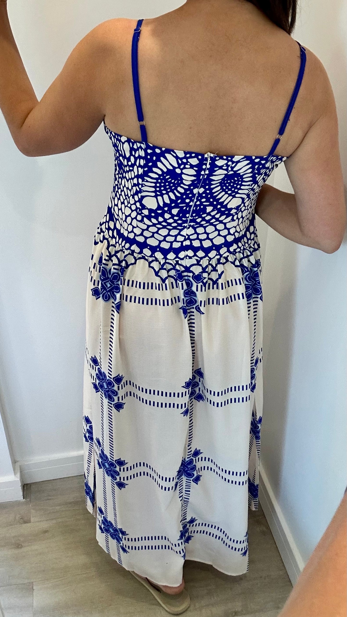 ROYAL BLUE AND WHITE EMBROIDERED MAXI DRESS WITH FITTED BODICE