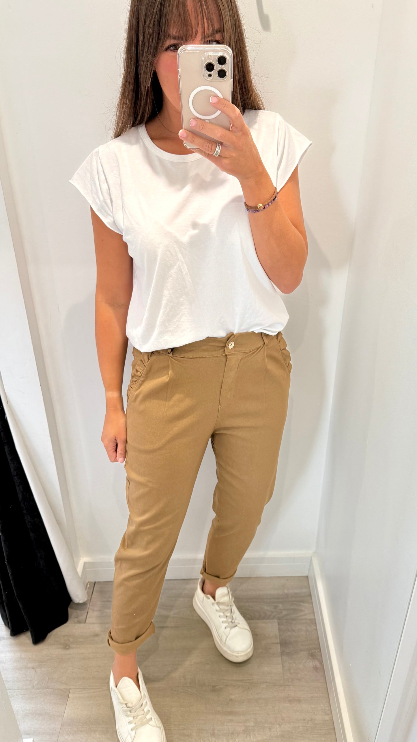 CAMEL CHINO MAGIC PANT WITH FRILL POCKET