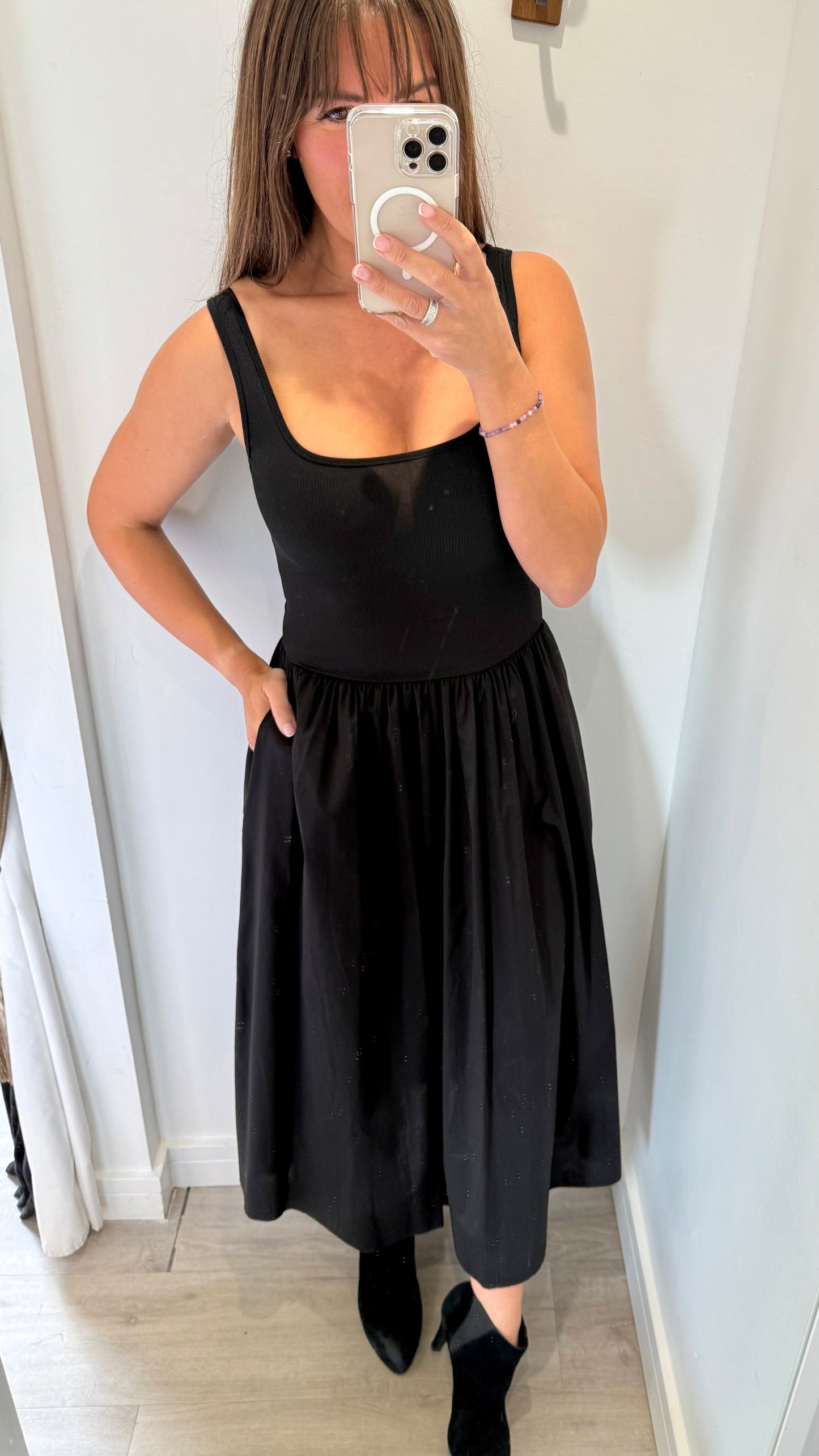 BLACK VEST DRESS WITH FULL SKIRT (AND POCKETS!)