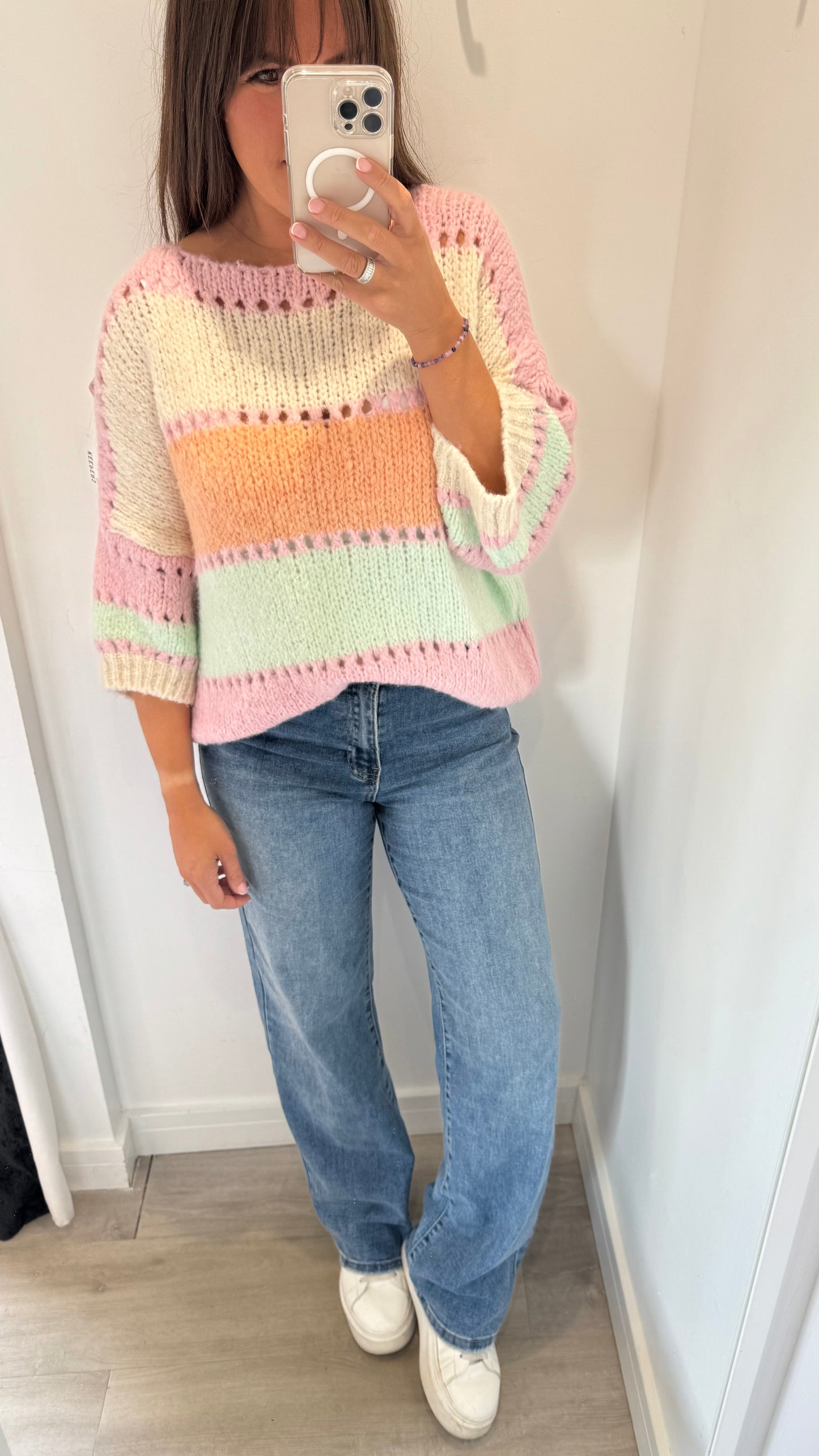 PASTEL COLOUR BLOCK CROCHET STYLE KNIT JUMPER