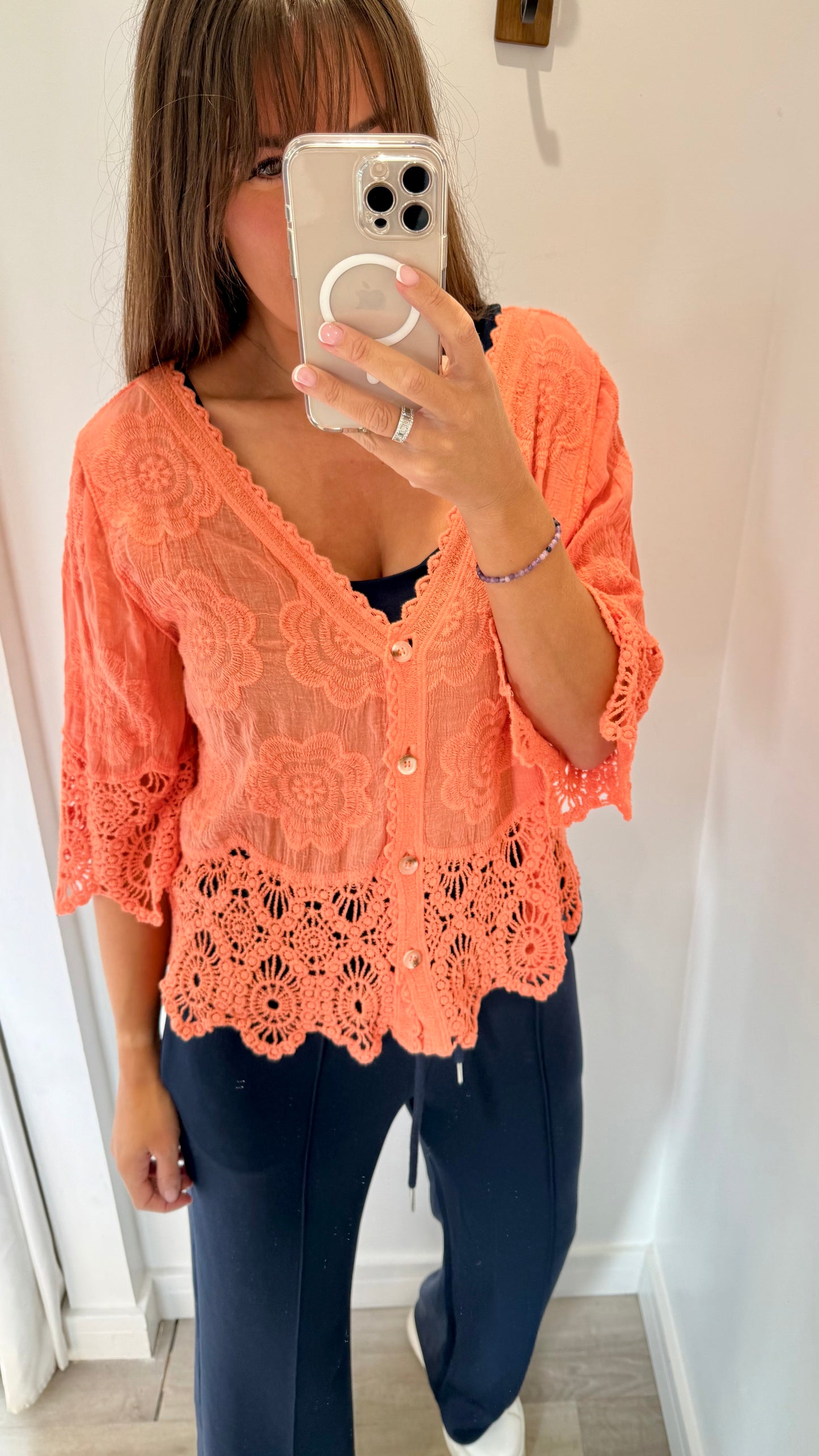 CORAL FLORAL APPLIQUE V NECK TOP