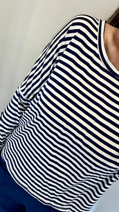 NAVY AND WHITE BRETON STRIPE BATWING TOP