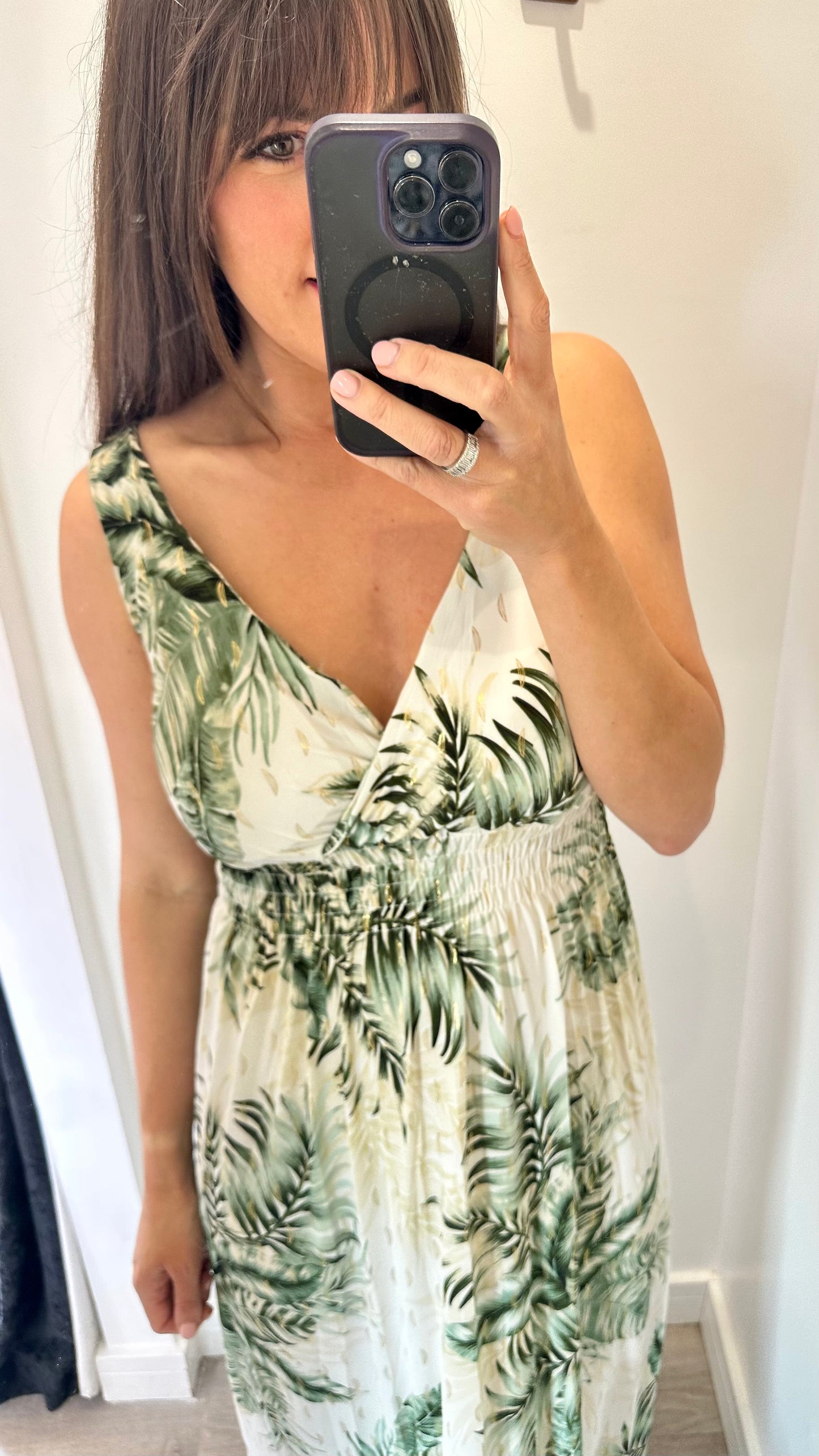KHAKI PALM PRINT MAXI DRESS