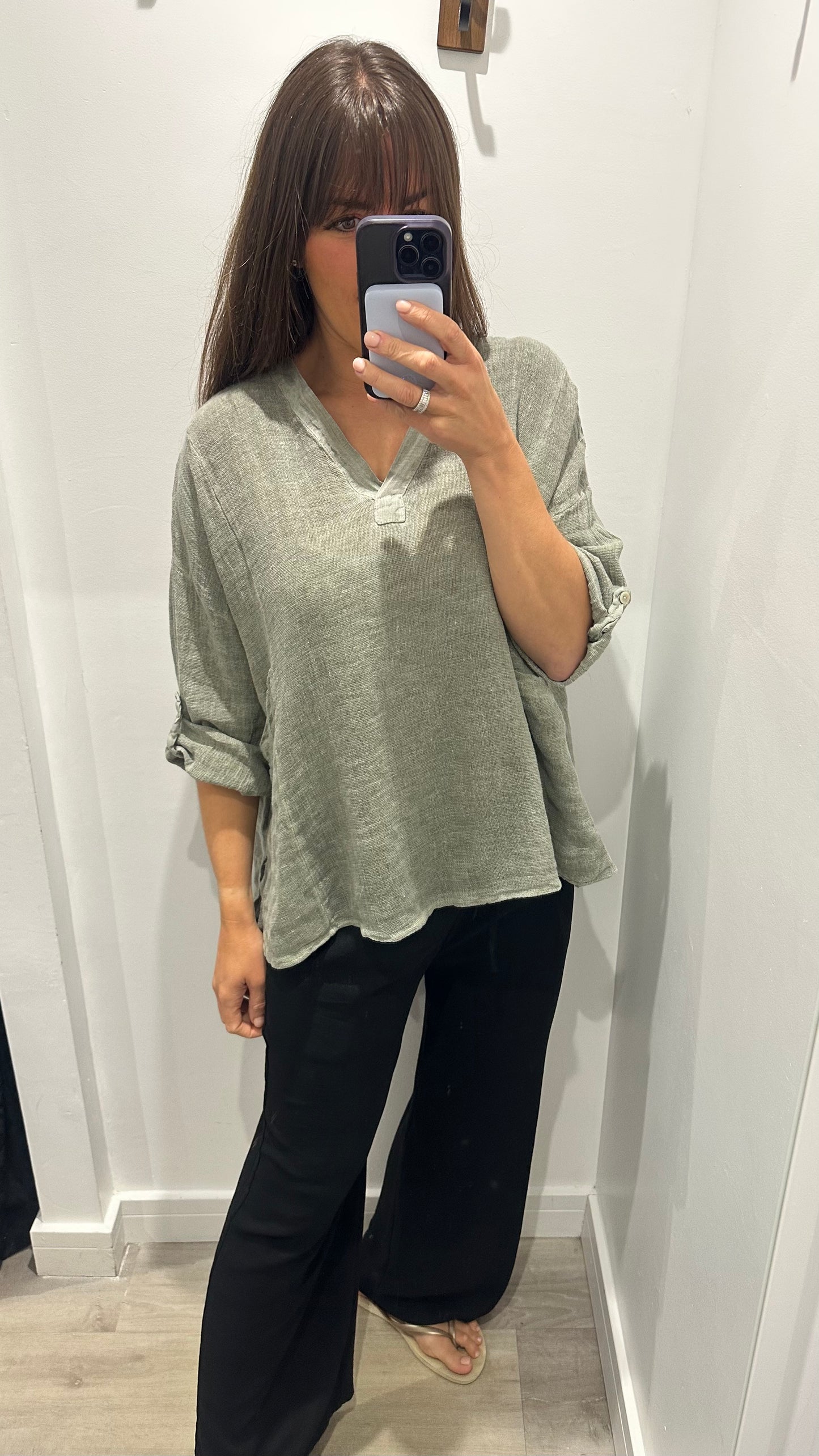 KHAKI LINEN MIX V NECK TEABAG TOP
