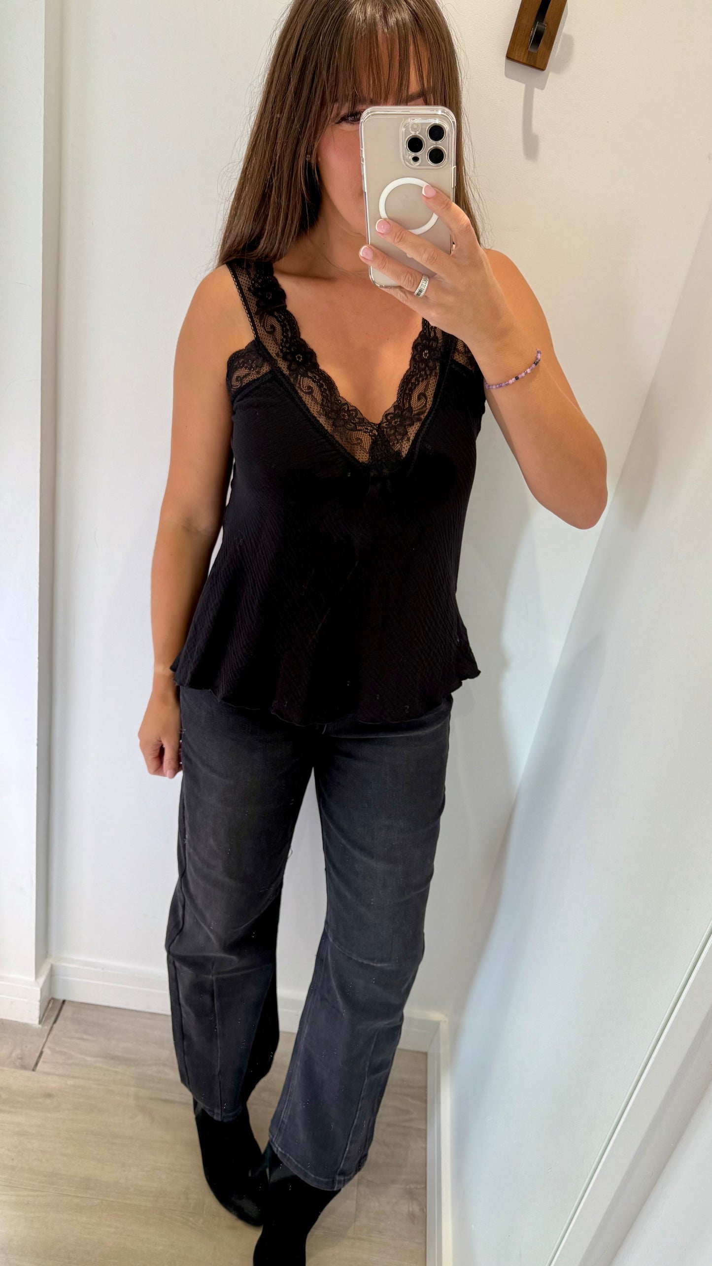 BLACK CHEESECLOTH LACE-TRIM CAMI VEST TOP