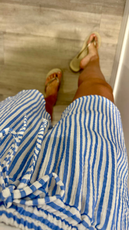 BLUE AND WHITE STRIPE CHEESECLOTH SHORTS