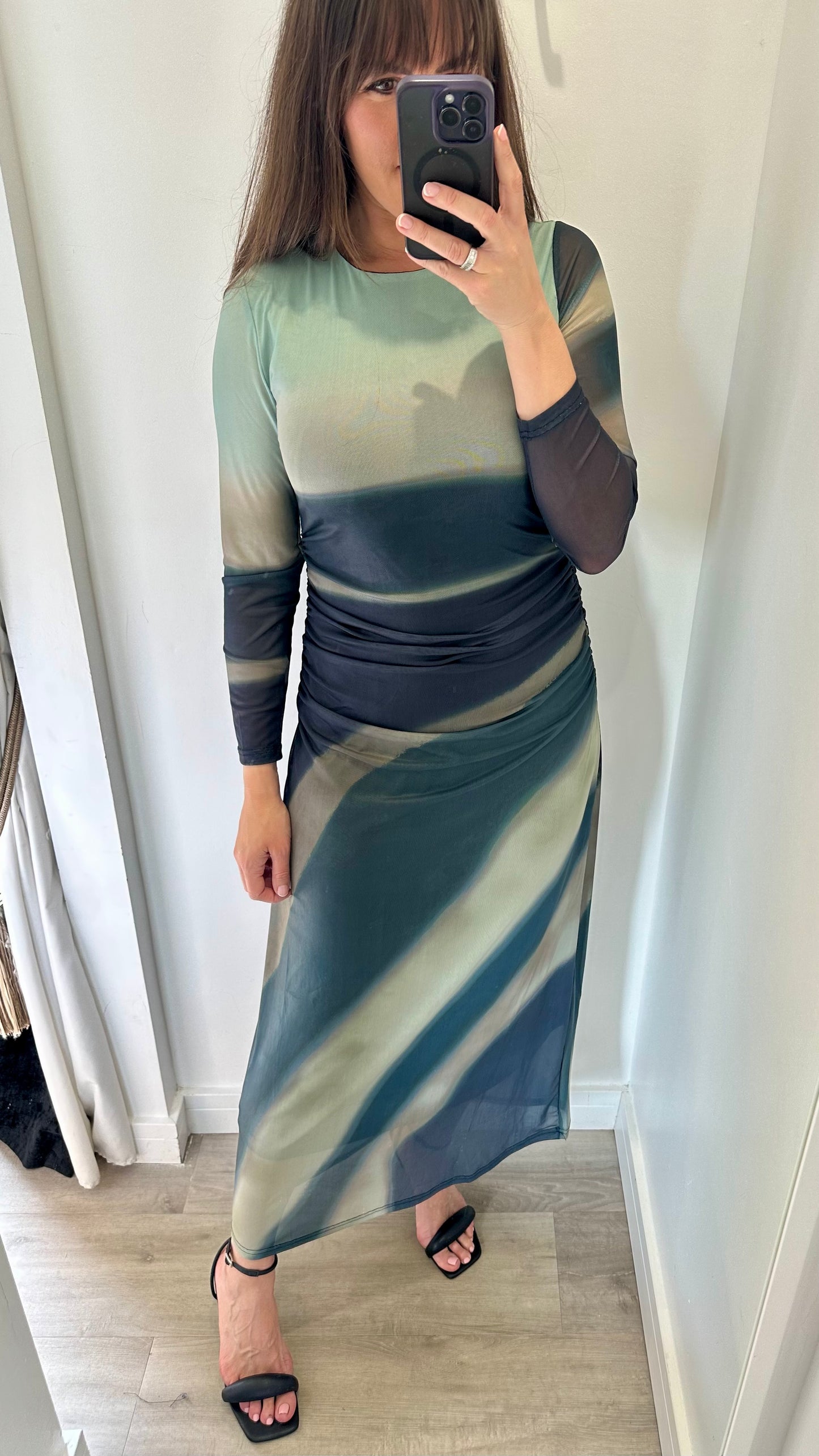 LONG SLEEVE TIE DYE MESH MIDI DRESS