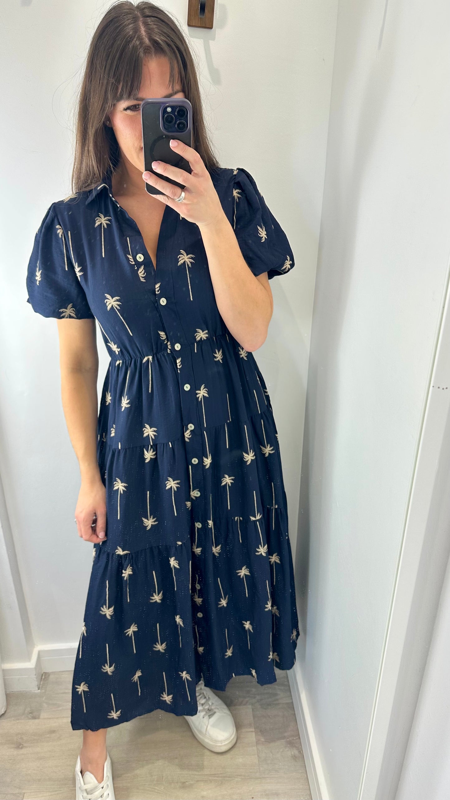NAVY AND TAN PALM PRINT DRESS
