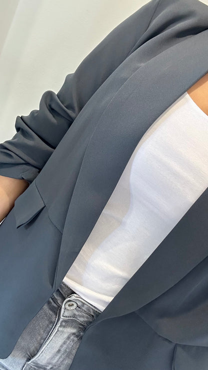 CHARCOAL GREY RUCHED SLEEVE BLAZER