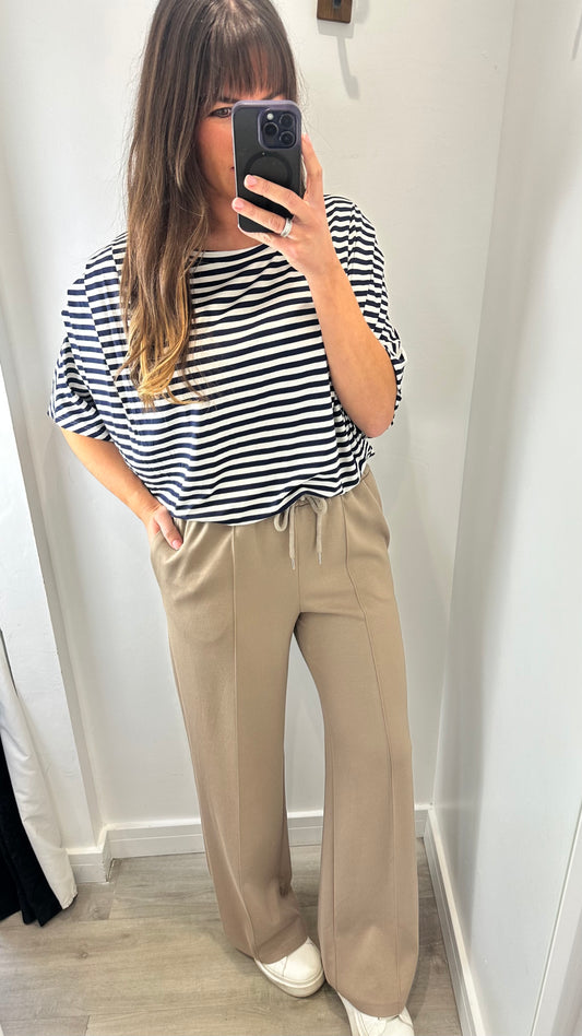 NAVY AND WHITE STRIPED BATWING PLEATED SHOULDER TOP