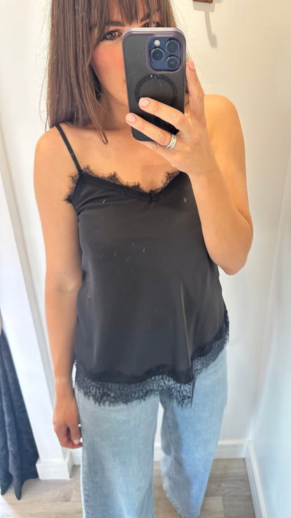 BLACK LACE DETAIL SILK CAMI TOP