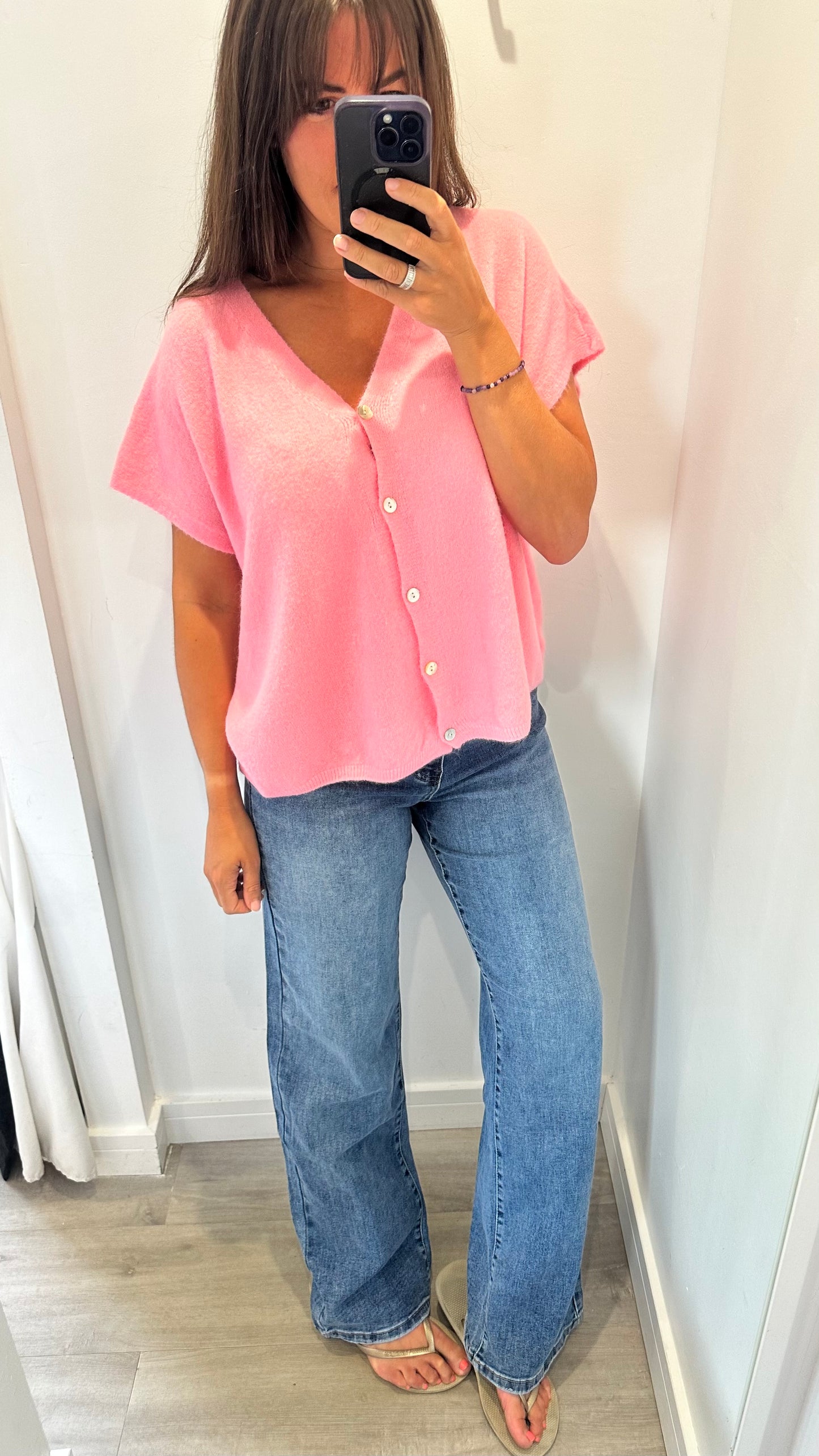 PINK DEEP V BOXY SLEEVELESS CARDIGAN