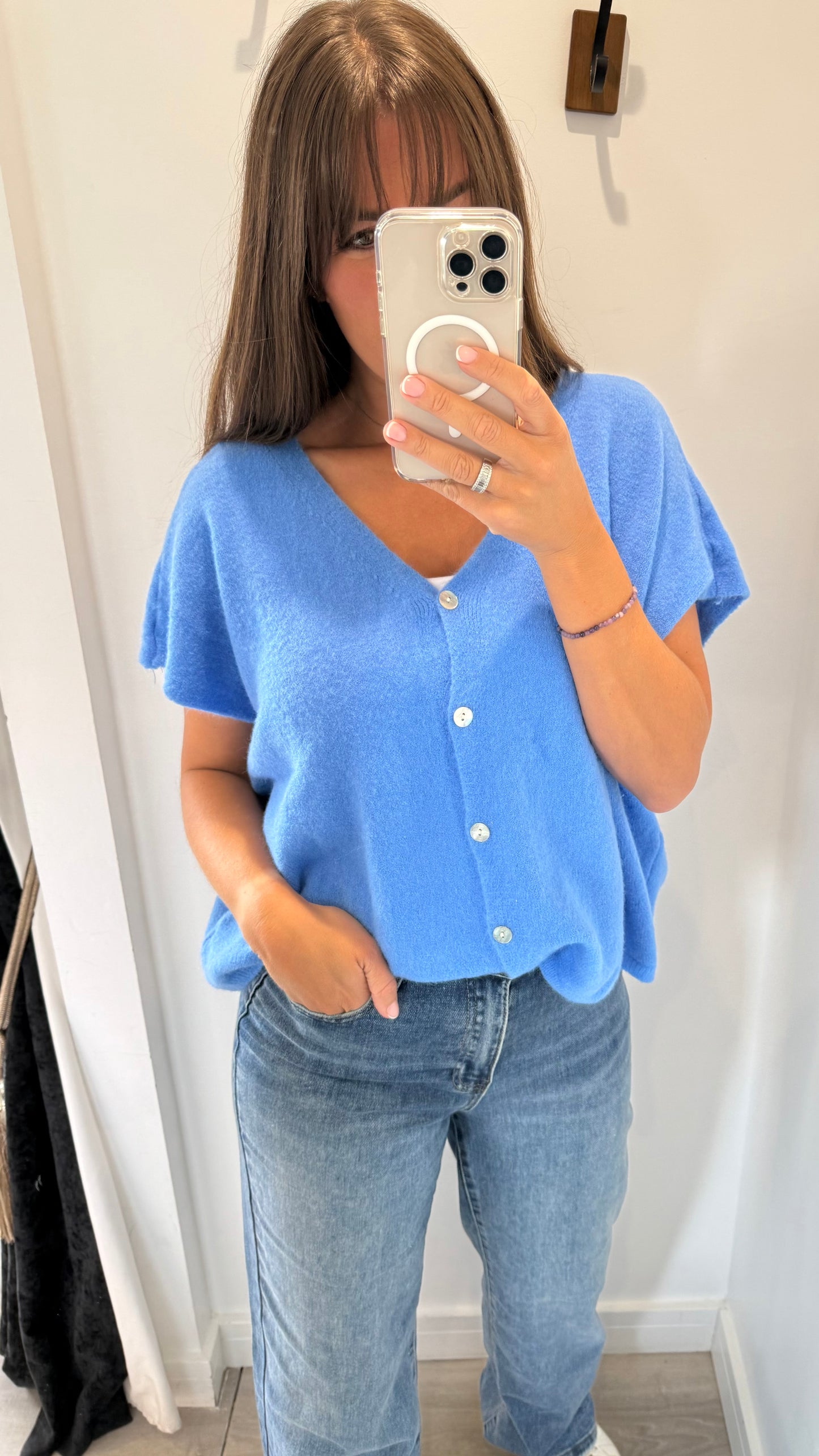 BLUE DEEP V BOXY SLEEVELESS CARDIGAN