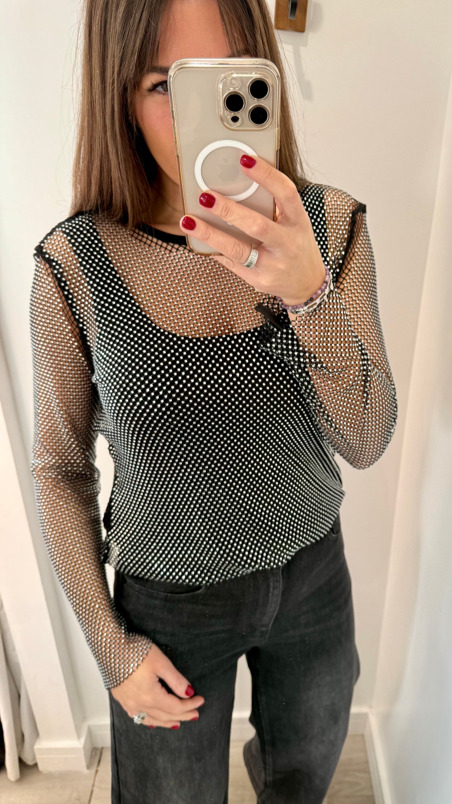 DIAMANTE MESH ROUND NECK TOP