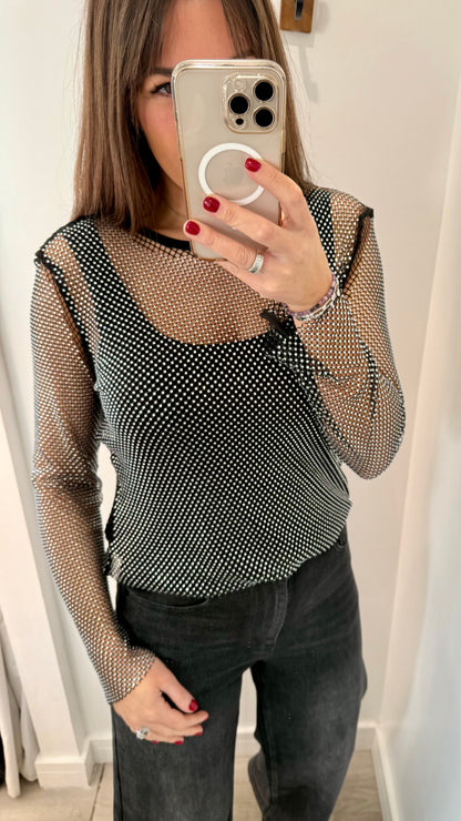 DIAMANTE MESH ROUND NECK TOP