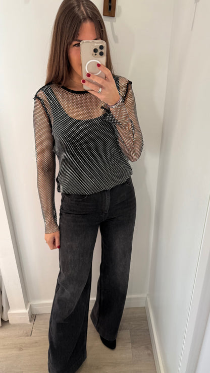 DIAMANTE MESH ROUND NECK TOP