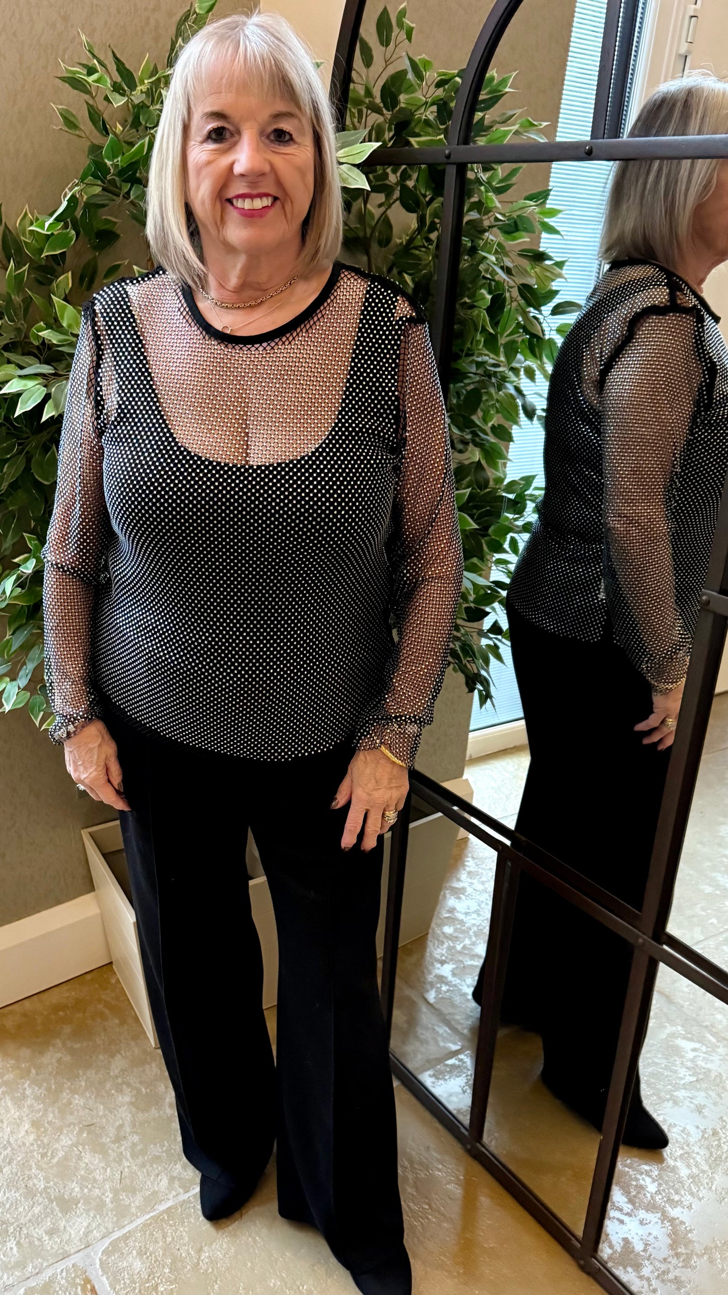 DIAMANTE MESH ROUND NECK TOP