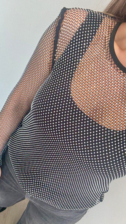 DIAMANTE MESH ROUND NECK TOP