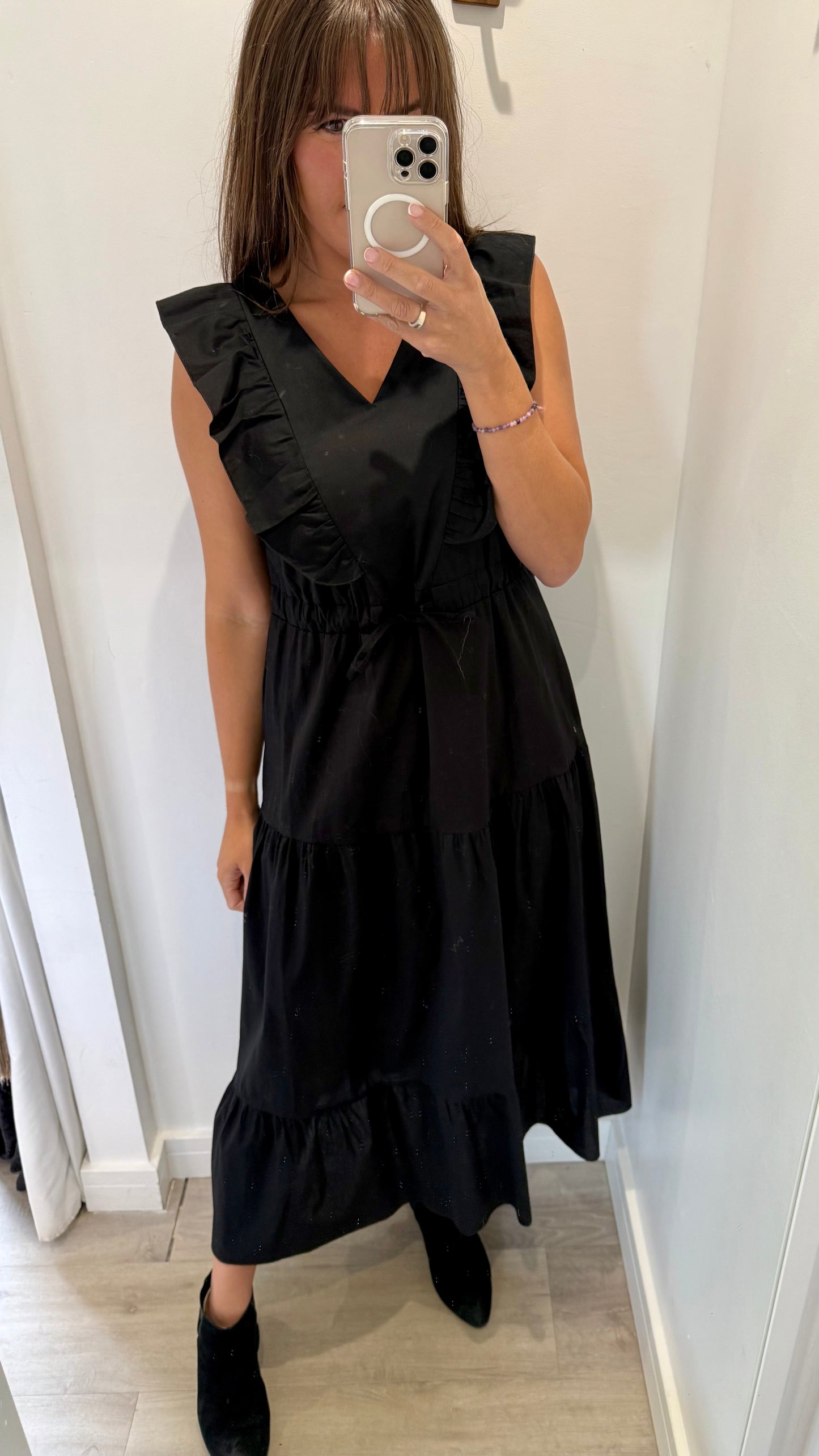 BLACK JET TIERED COTTON MAXI DRESS