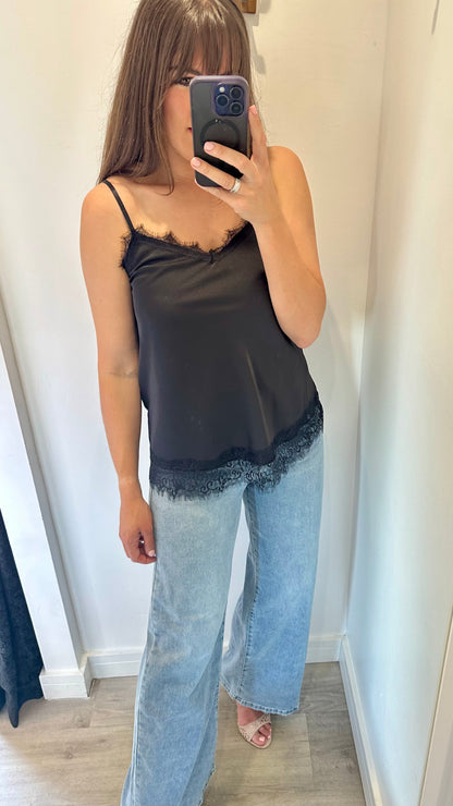 BLACK LACE DETAIL SILK CAMI TOP