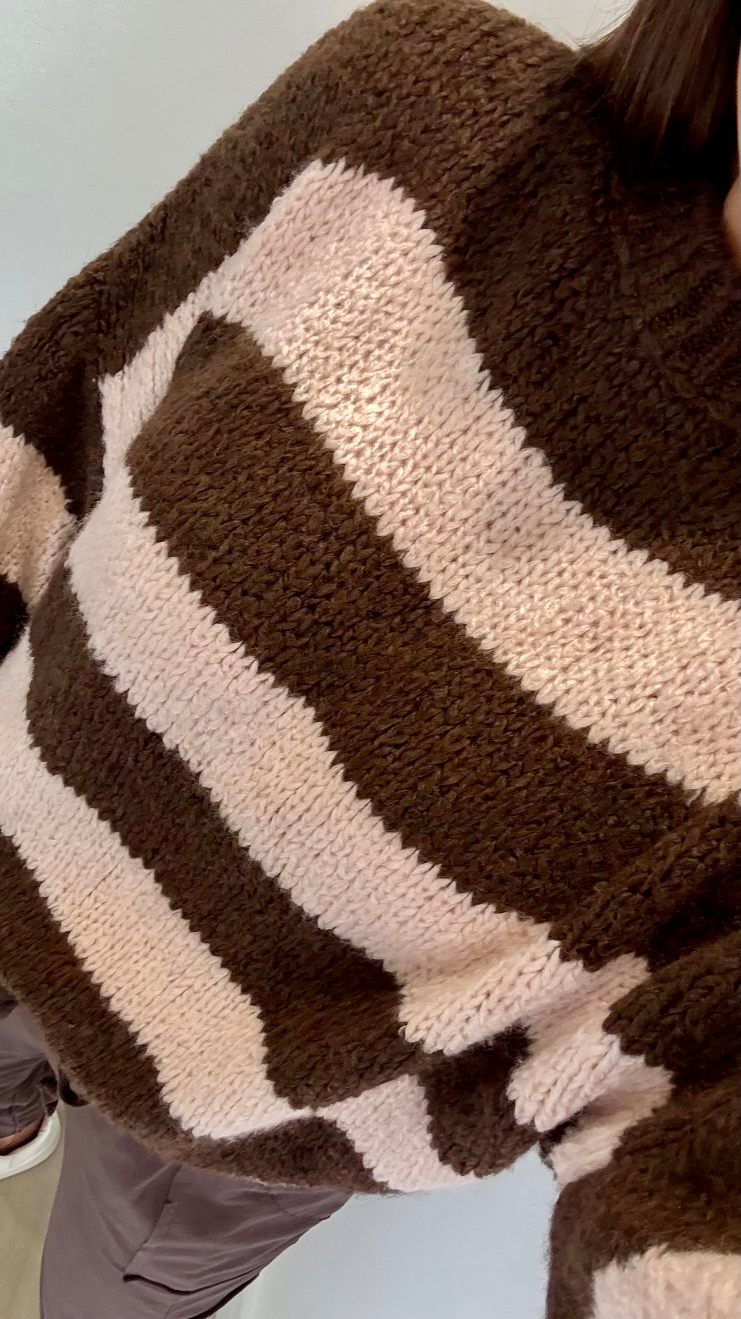 CHOCOLATE AND PALE PINK STRIPE TEXTURED KNIT JUMPER